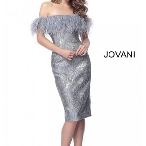 Jovani Ostrich Feather neckline grey/blue embossed in silver size 6